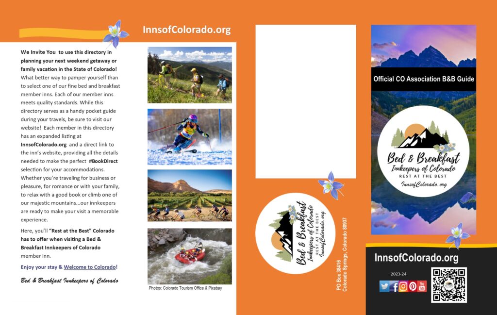 The new 2023 Official CO Association B&B Guide includes bed and breakfast member properties throughout the state of Colorado, information on each property including photographs, direct contact information to #BookDirect.
